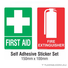 Load image into Gallery viewer, FIRST AID &amp; FIRE EXTINGUISHER Sticker Sign Decal Set 150x100mm OHS WHS
